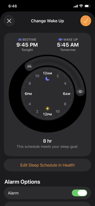 Screenshot of bedtime settings from iPhone